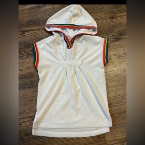 Hanna Andersson Terry Cloth White Hooded cover up with rainbow trim.